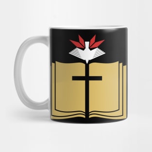 The cross of Jesus against the background of an open bible, on top is a dove - a symbol of the Spirit. Mug